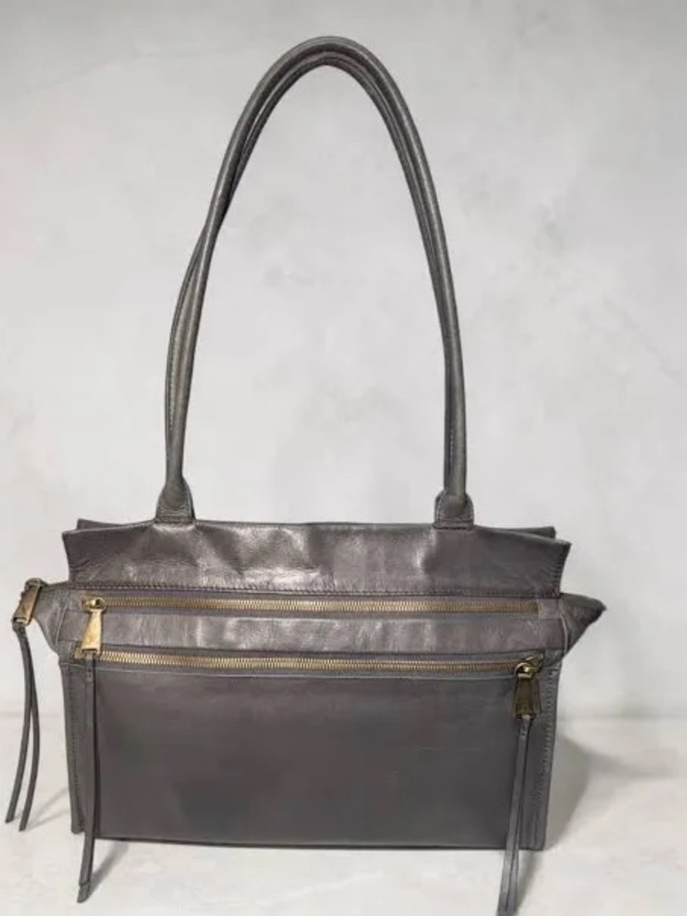 HOBO Seeker Shoulder Bag Slate Gray Polished Leather Brass Double Handle Satchel